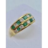 18ct GOLD EMERALD & DIAMOND DOUBLE CHANNEL SET RING