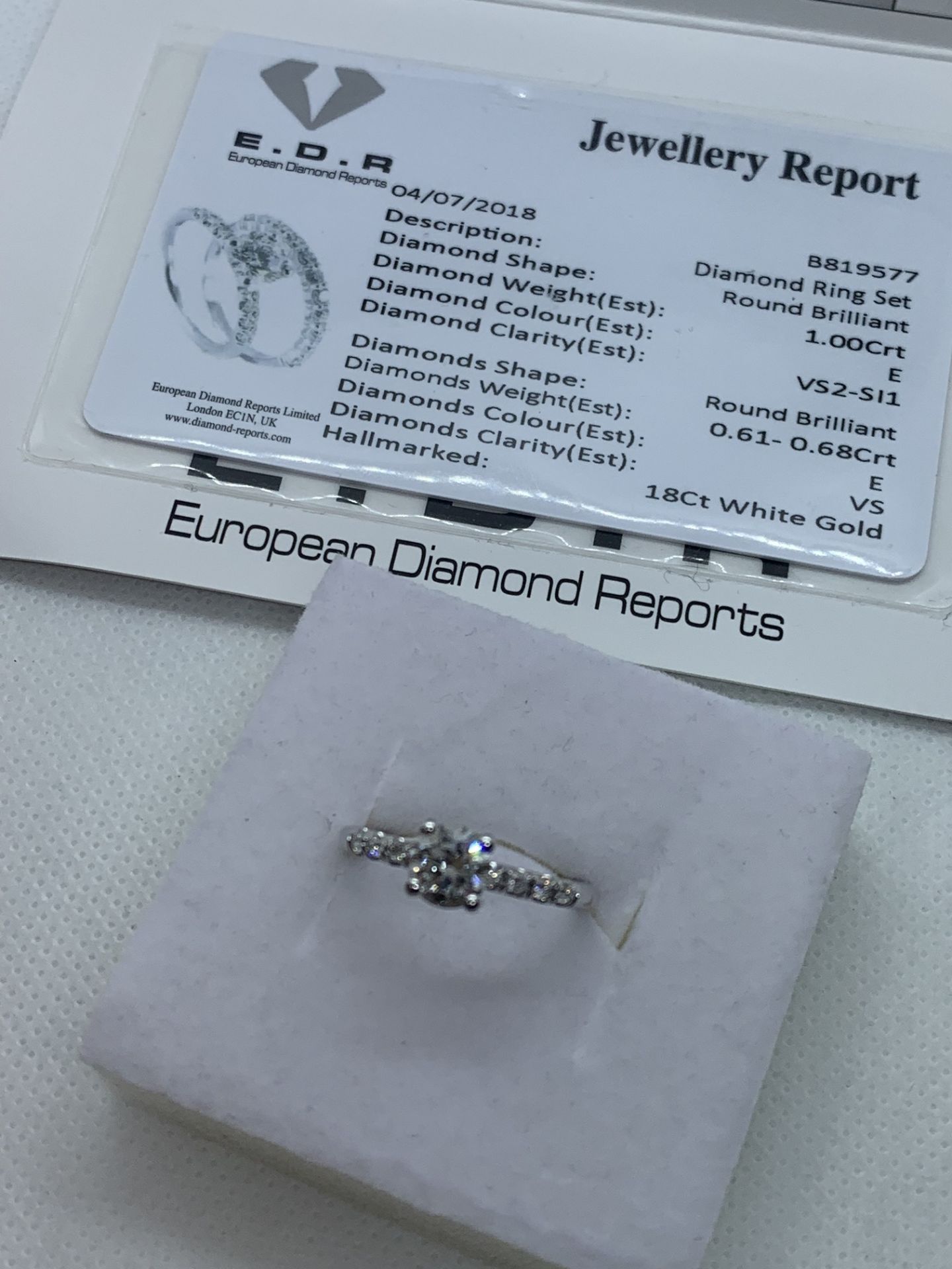 STUNNING 1.61ct EDR CERTIFICATED DIAMOND RING 18ct WHITE GOLD