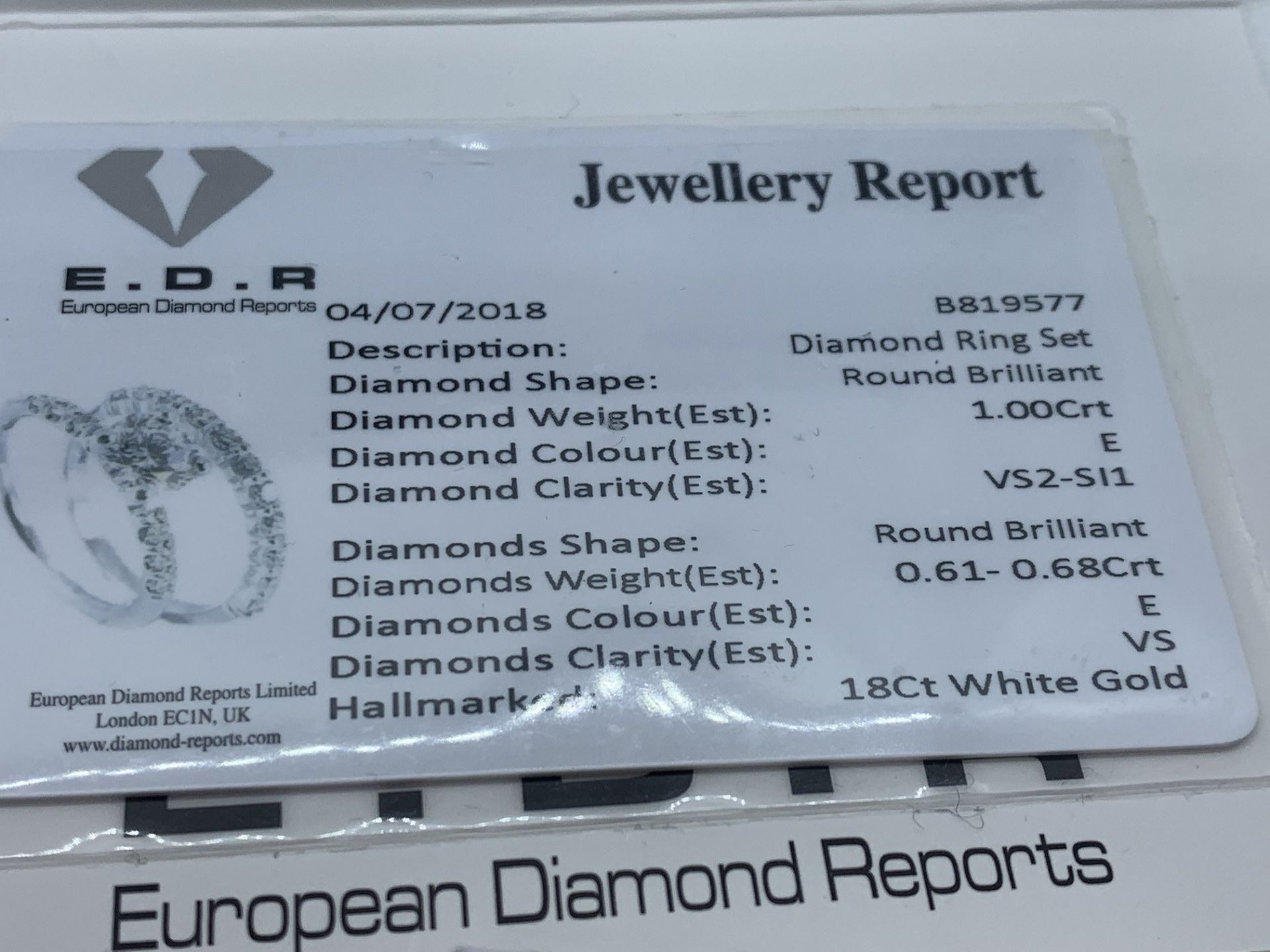 STUNNING 1.61ct EDR CERTIFICATED DIAMOND RING 18ct WHITE GOLD - Image 4 of 5