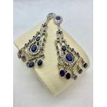 SPECTACULAR VINTAGE SAPPHIRE CHANDELIER EARRINGS - WHITE METAL