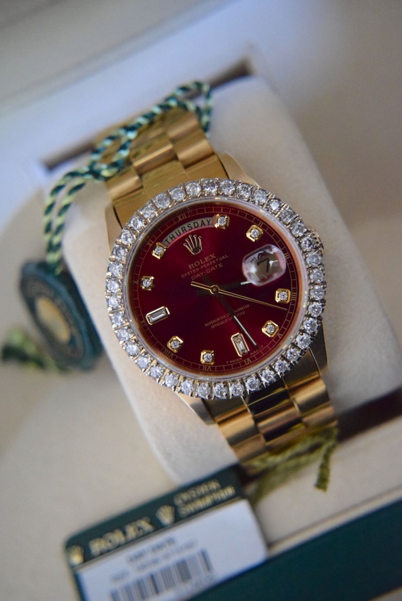 Mens 36mm Day-Date President Watch, Gold / 3.5ct Diamond Bezel / Red Diamond Dial