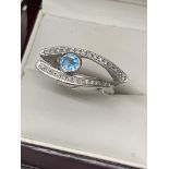 MODERN SHAPED BLUE TOPAZ & DIAMOND RING MARKED 14k - 8 GRAMS