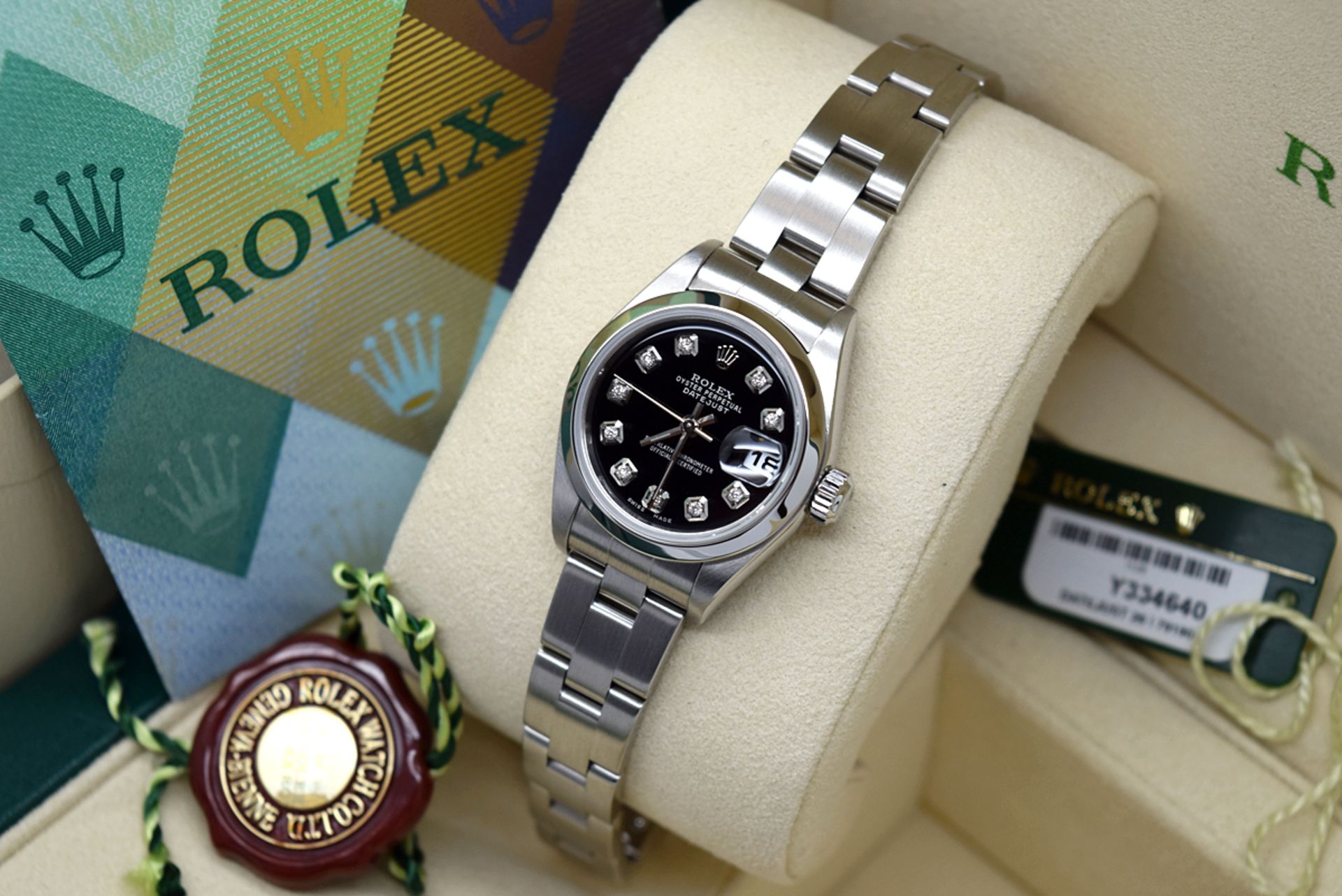 Rolex Ladies Datejust - Diamond Black Dial, Steel Model; 79190 with Box & Certificate