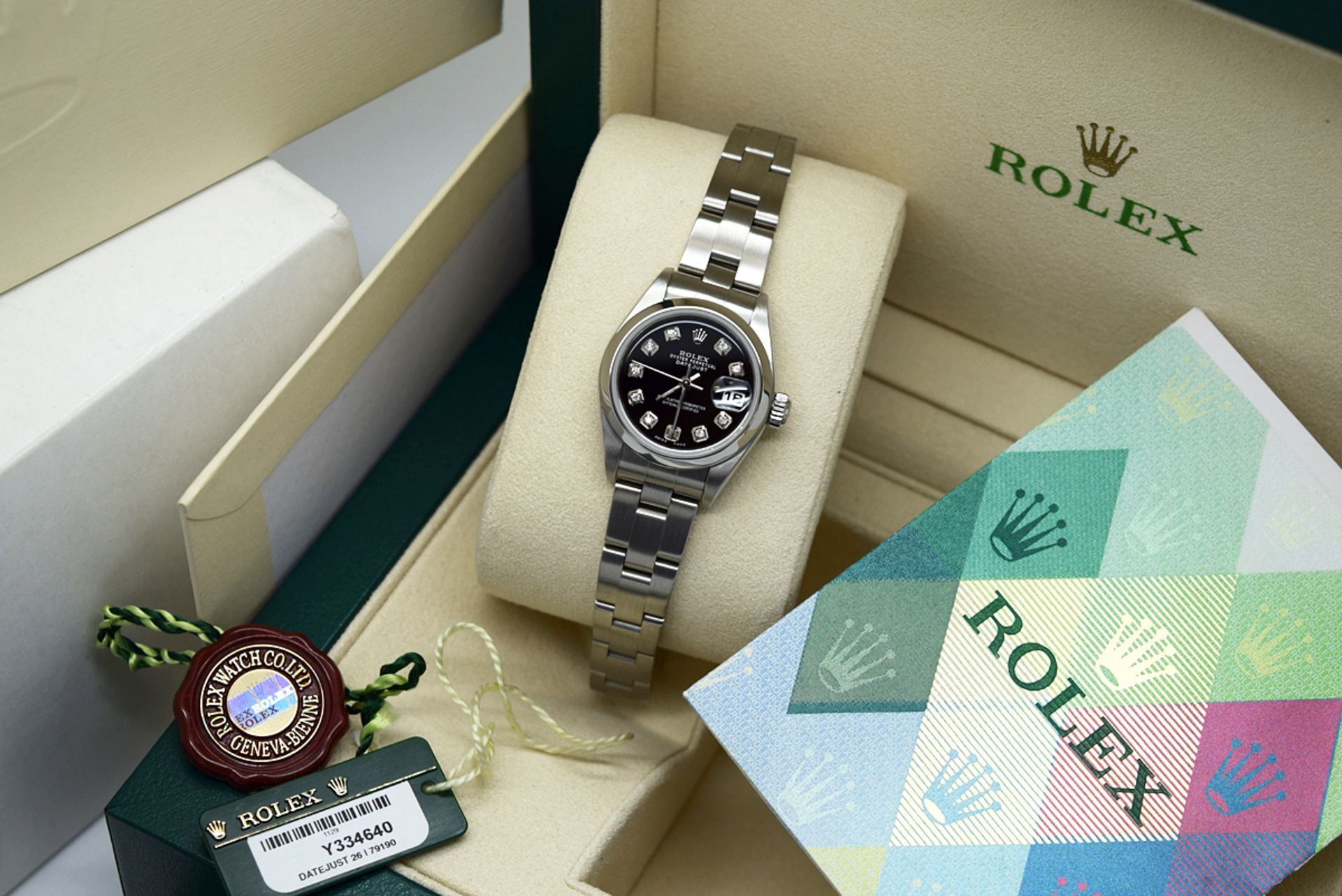 Rolex Ladies Datejust - Diamond Black Dial, Steel Model; 79190 with Box & Certificate - Image 3 of 12