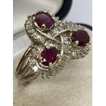TRIPLE RUBY & DIAMOND SET RING IN 14ct GOLD - 6.8g APPROX - SIZE M APPROX