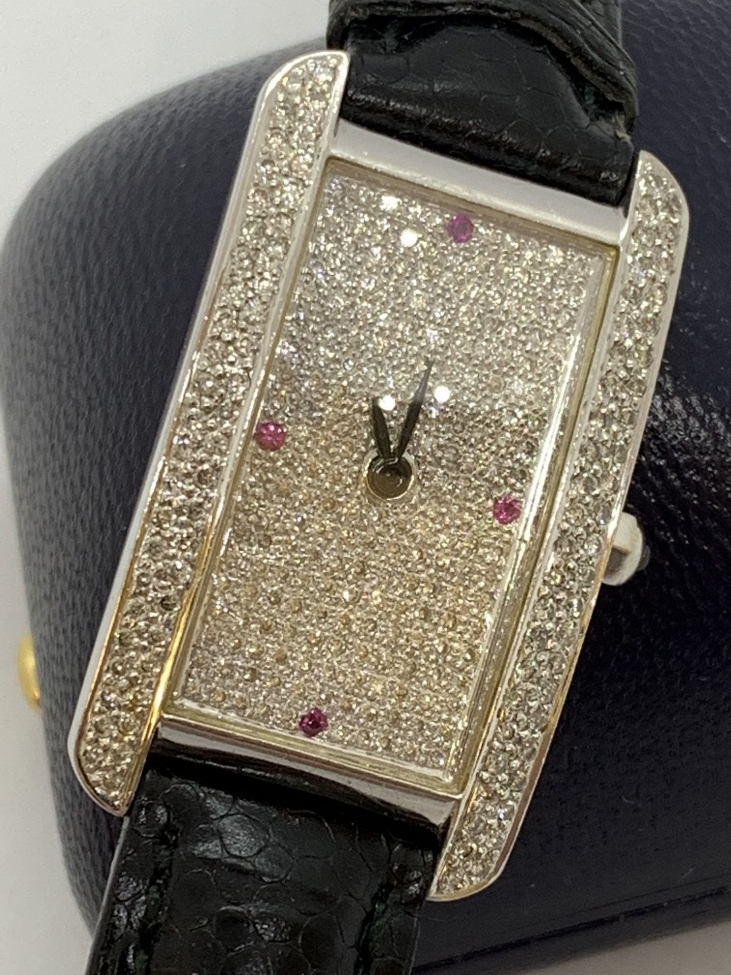 18ct GOLD CARTIER STYLE WATCH SET WITH DIAMONDS & RUBIES