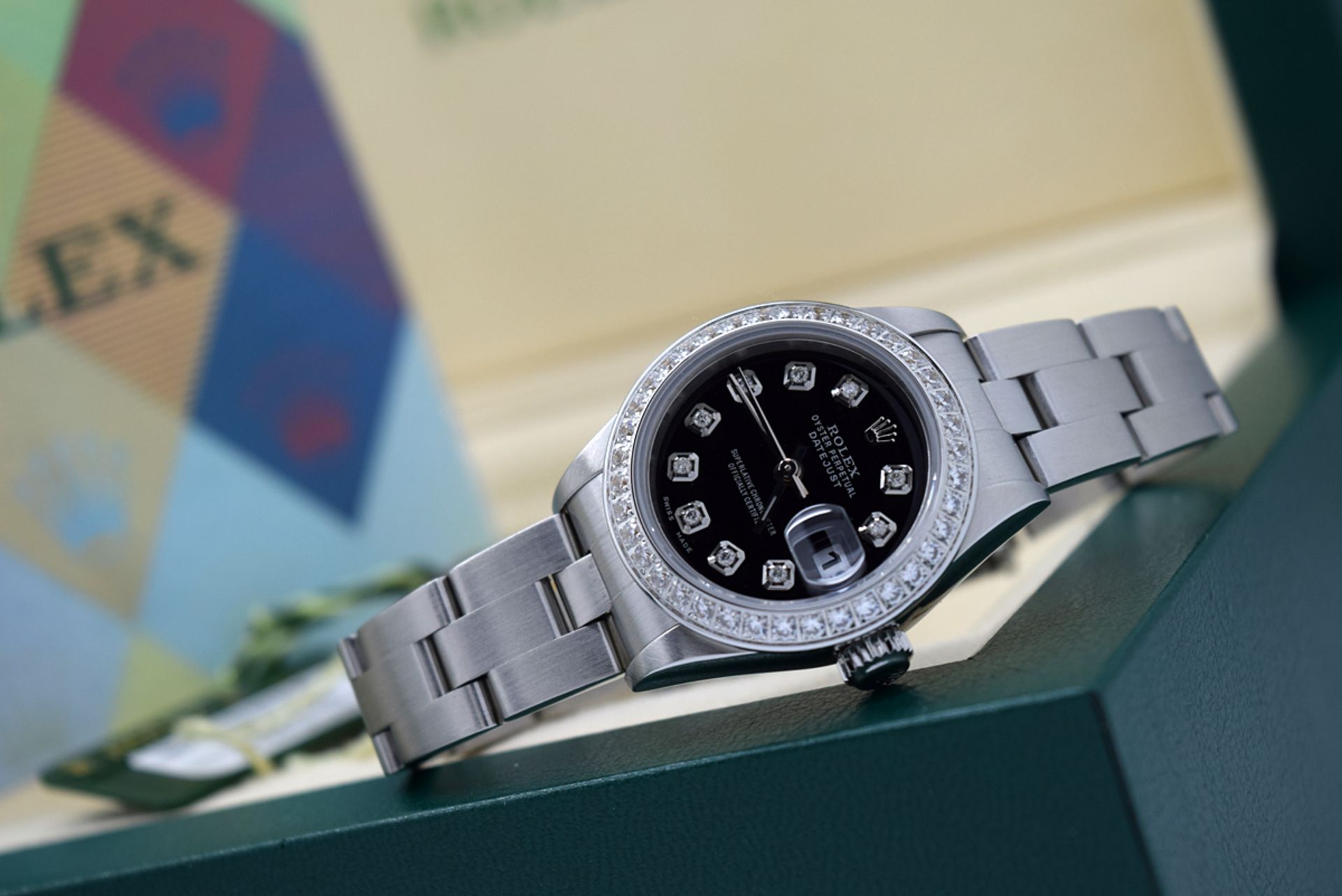 *Stunning* Rolex Ladies Datejust- Diamond Black Dial with Box, Certificate, Booklets etc.