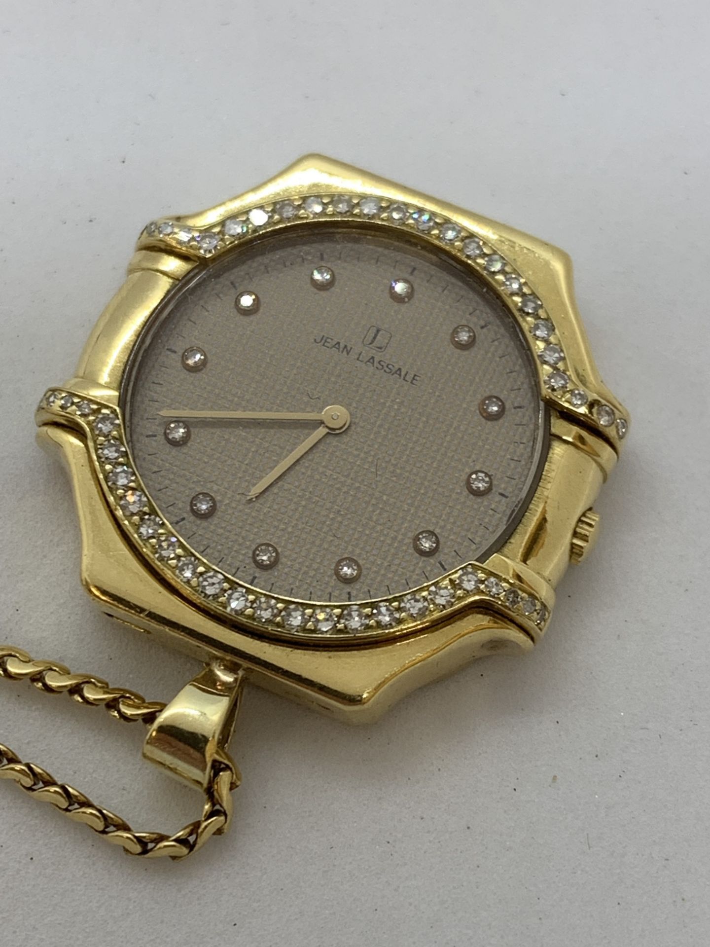 18ct GOLD JEAN LASSALE WATCH ON CHAIN - Image 3 of 5