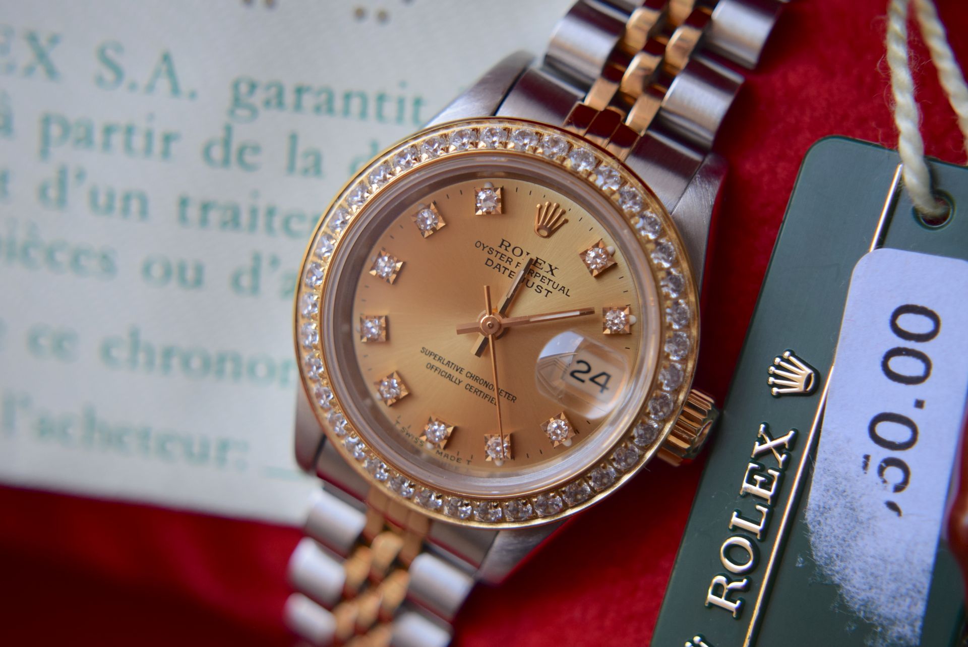 GORGEOUS ROLEX DATEJUST STEEL & 18CT GOLD (BOX & CERTIFICATE, ORIGINAL ROLEX DIAMOND CHAMPAGNE DIAL)