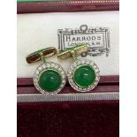 FINE 7.2ct CABOCHON EMERALD & DIAMOND CUFF LINKS (6ct EMERALD & 1.2ct DIA)