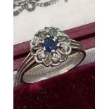 SAPPHIRE & DIAMOND RING SET IN WHITE METAL