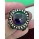 IMPRESSIVE 21.30 CABOCHON AMETHYST & DIAMOND RING 1.29 - 8k GOLD