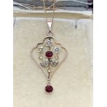 ANTIQUE RUBY & SEED PEARL PENDANT & CHAIN