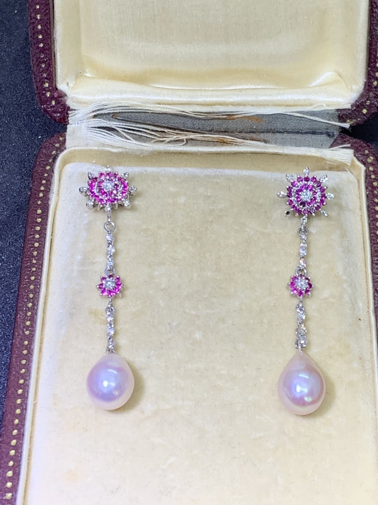 18ct GOLD PEARL, RUBY & DIAMOND SET EARRINGS