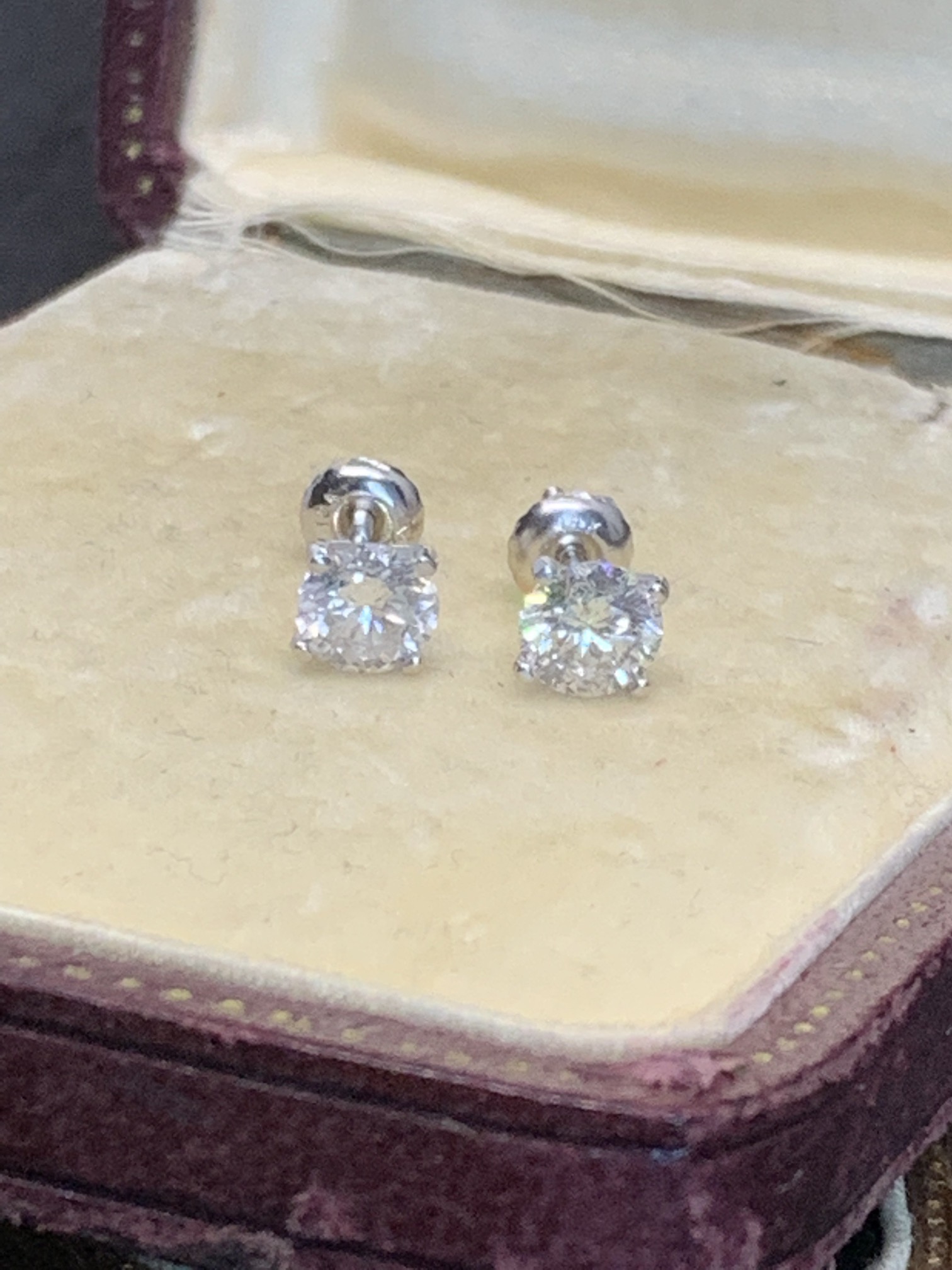 1.58ct DIAMOND SOLITAIRE EARRINGS SET IN WHITE METAL TESTED AS WHITE GOLD -SCREW BACK FOR SECURITY