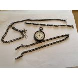 SILVER POCKET WATCH (NO GLASS), 2 X WATCH CHAINS, 2 X BRACELETS