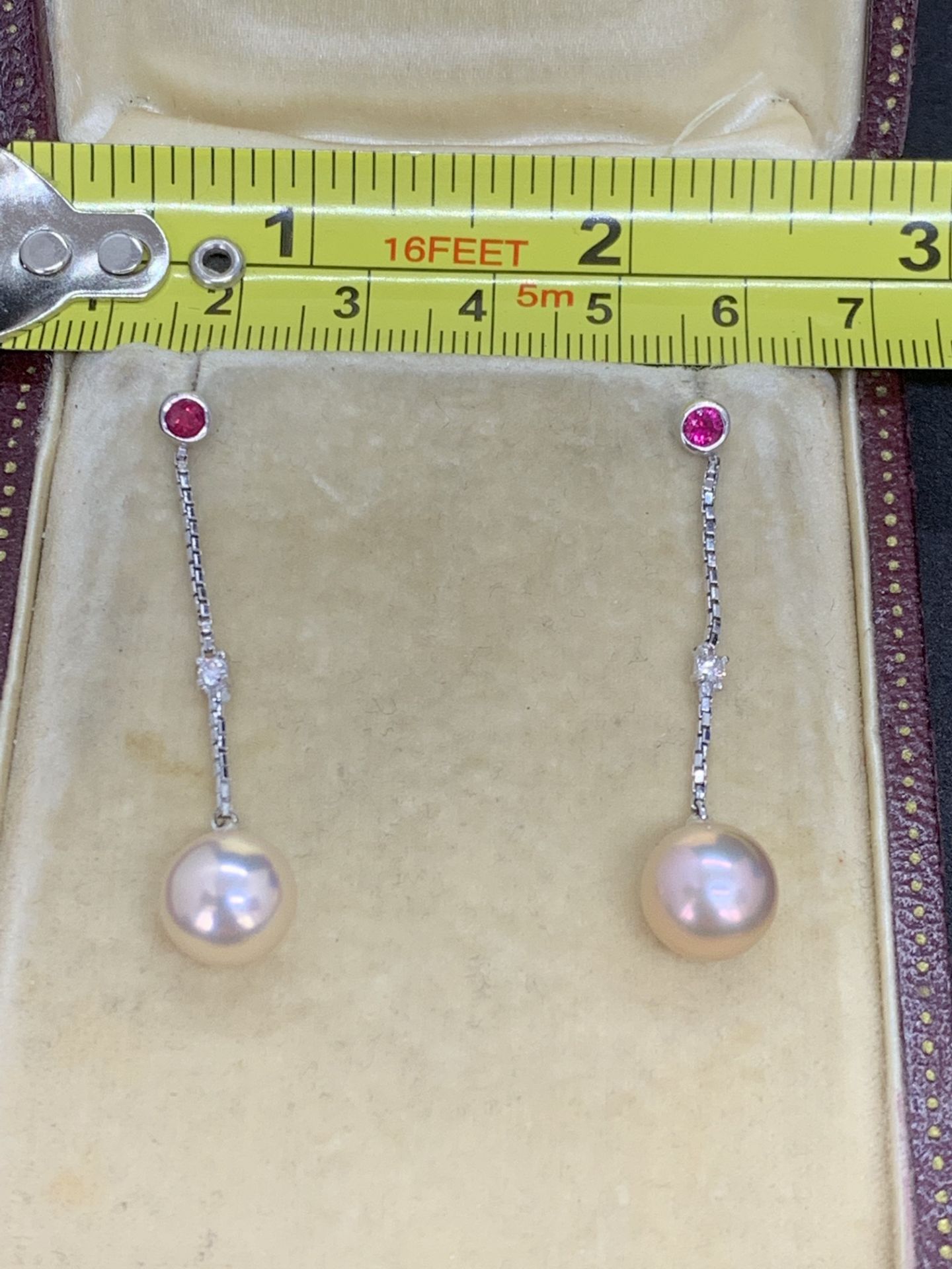 18ct GOLD PEARL DIAMOND & RUBY DROP EARRINGS - Image 2 of 5