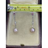 18ct GOLD PEARL DIAMOND & RUBY DROP EARRINGS