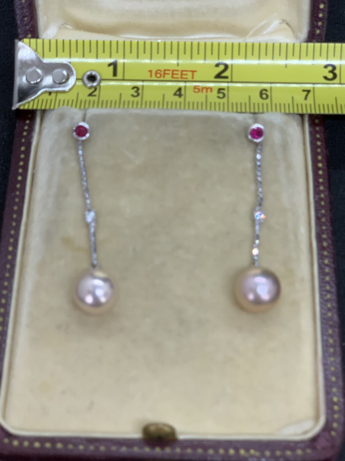 18ct GOLD PEARL DIAMOND & RUBY DROP EARRINGS