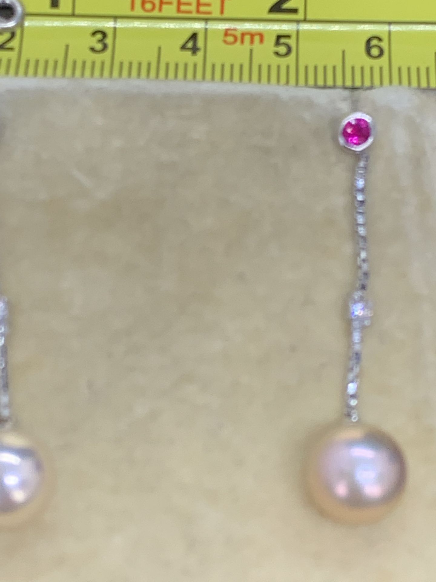 18ct GOLD PEARL DIAMOND & RUBY DROP EARRINGS - Image 3 of 5