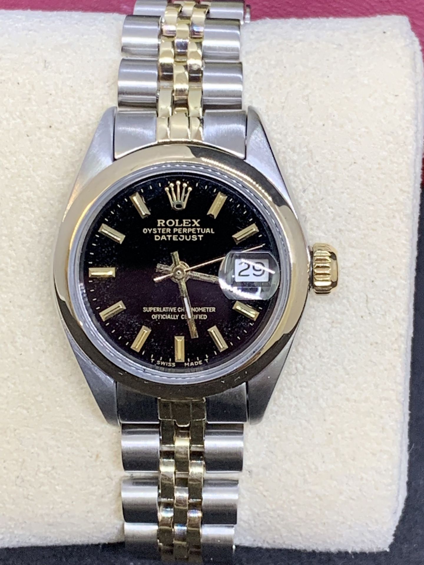 LADIES ROLEX STEEL & GOLD DATEJUST WITH ORIGINAL RARE BLACK DIAL