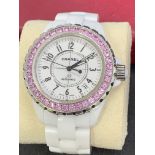 CHANEL J12 CERAMIC WATCH SET WITH PINK SAPPHIRES - AUTOMATIC