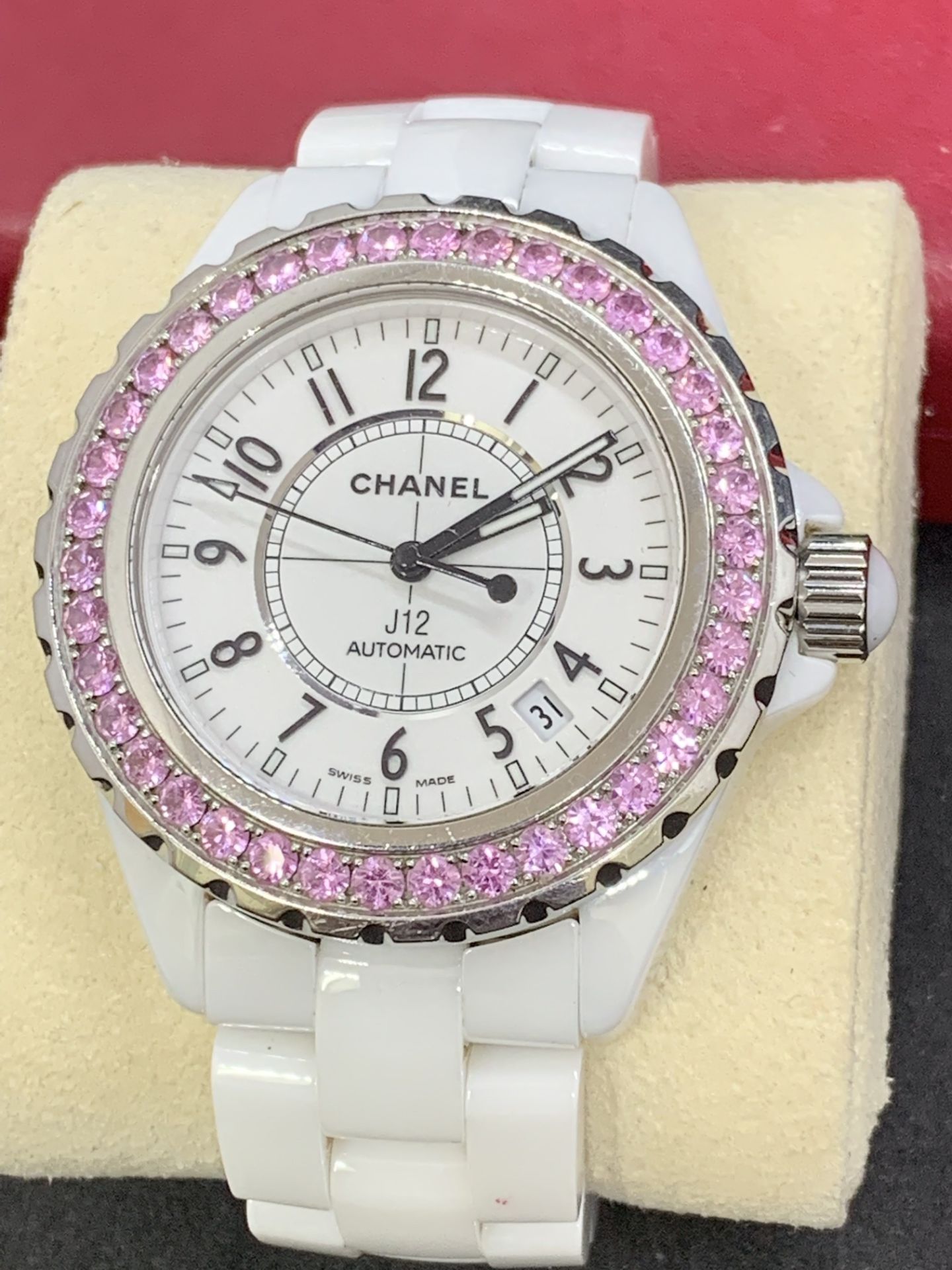 CHANEL J12 CERAMIC WATCH SET WITH PINK SAPPHIRES - AUTOMATIC