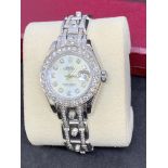 LADIES WATCH MARKED ROLEX ENCRUSTED WITH DIAMONDS - WHITE METAL TESTED AS WHITE GOLD