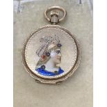 14 carat gold pocket watch Enamelled front with some damage as found