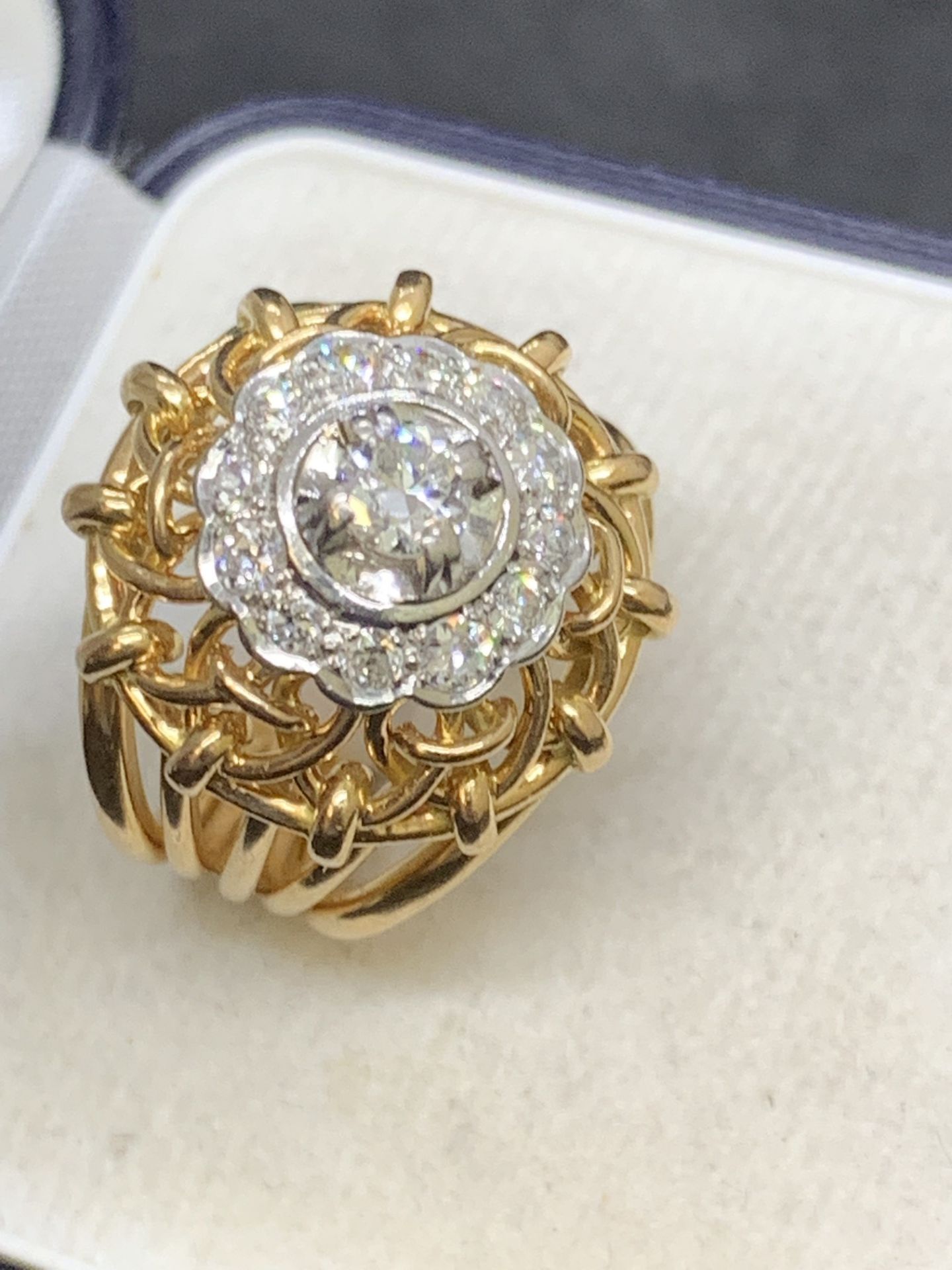 18 carat gold ring set with single stone diamond and cluster of diamonds weight approx 1.30 cts