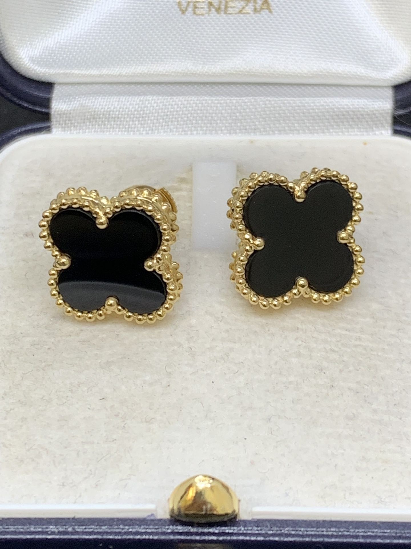 18 carat gold Van Cleef style black onyx earrings