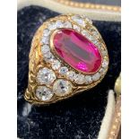 Vintage 18 carat gold ring set with ruby type stone & 1.3 carats of old mine cut diamonds