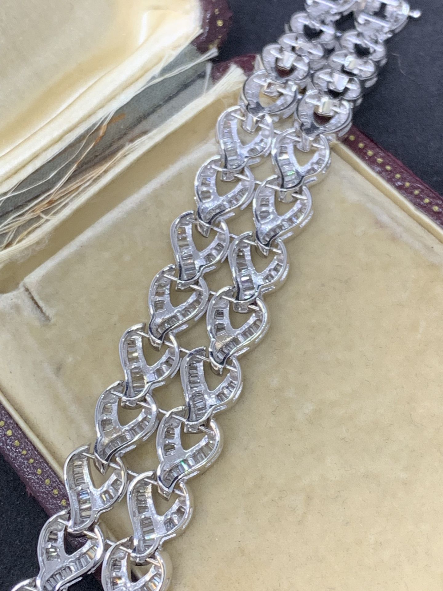 18 carat white gold to row baguette diamond set bracelet approximately eight carats of diamonds