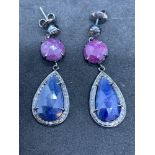 Ruby sapphire and diamond set silver earrings