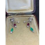 Emerald ruby diamond set earrings in white metal tested as 18 carat gold clip on only