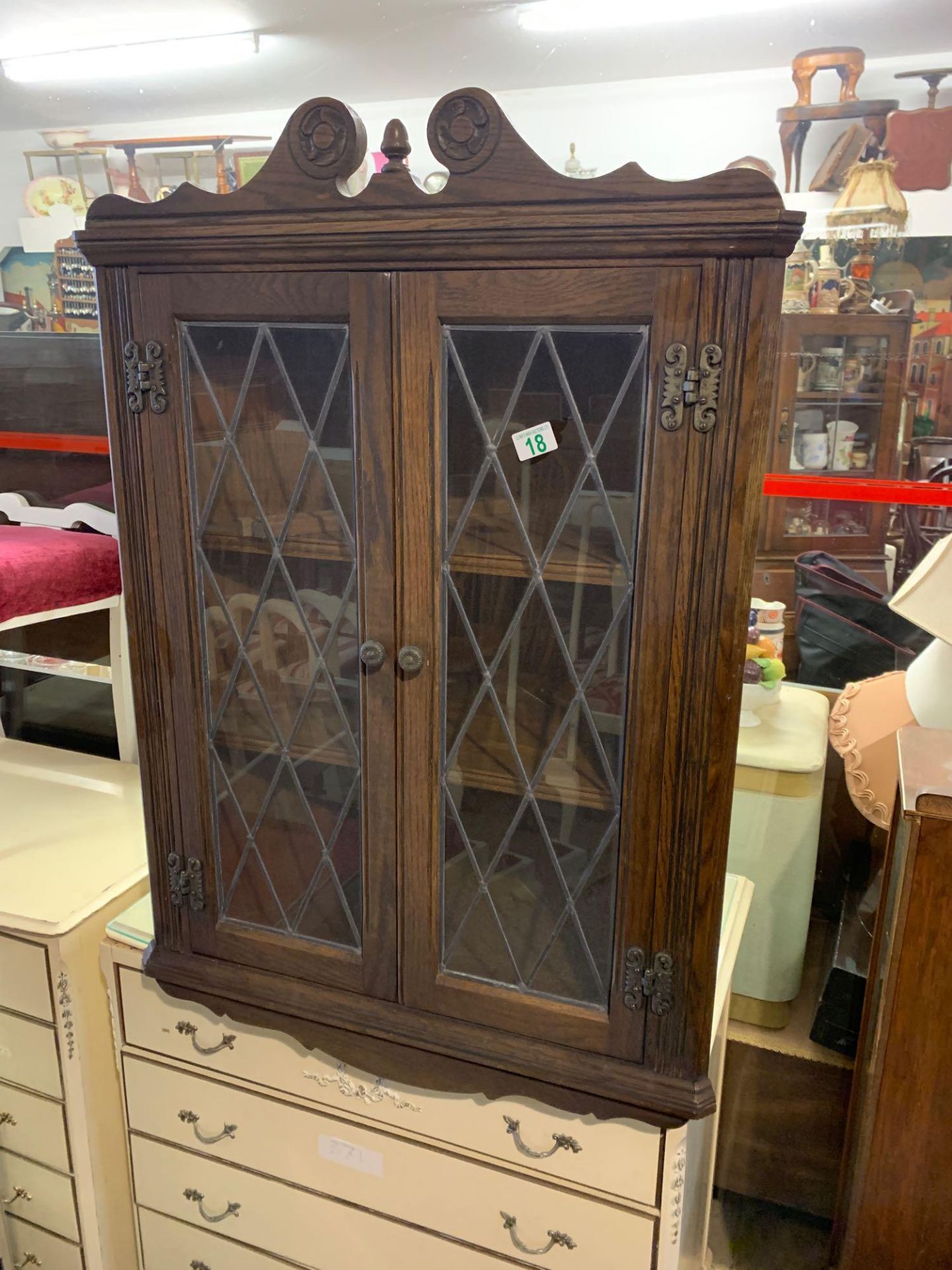 Modern old Charm dark wood corner cupboard with leaded glass glazing