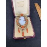 Yellow and rose coloured metal Victorian pendant set with coral and cameo Approximately 16.5 g