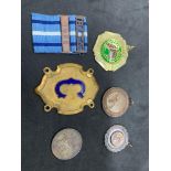 Various pendants including cricket and Royal lifesaving Society pendant award, R.L.S.S 1938, horse