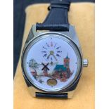 Unusual Vintage S/Steel Watch - Windmill & Church Scene 36mm