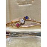 Antique Rose Gold Hinged Bangle Set with Sapphire, Diamond and Ruby - 7.3 Grams