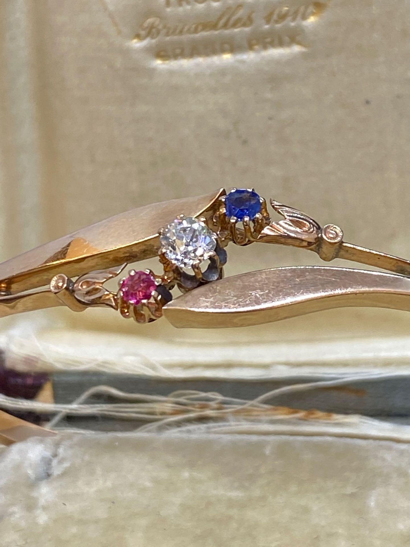 Antique Rose Gold Hinged Bangle Set with Sapphire, Diamond and Ruby - 7.3 Grams