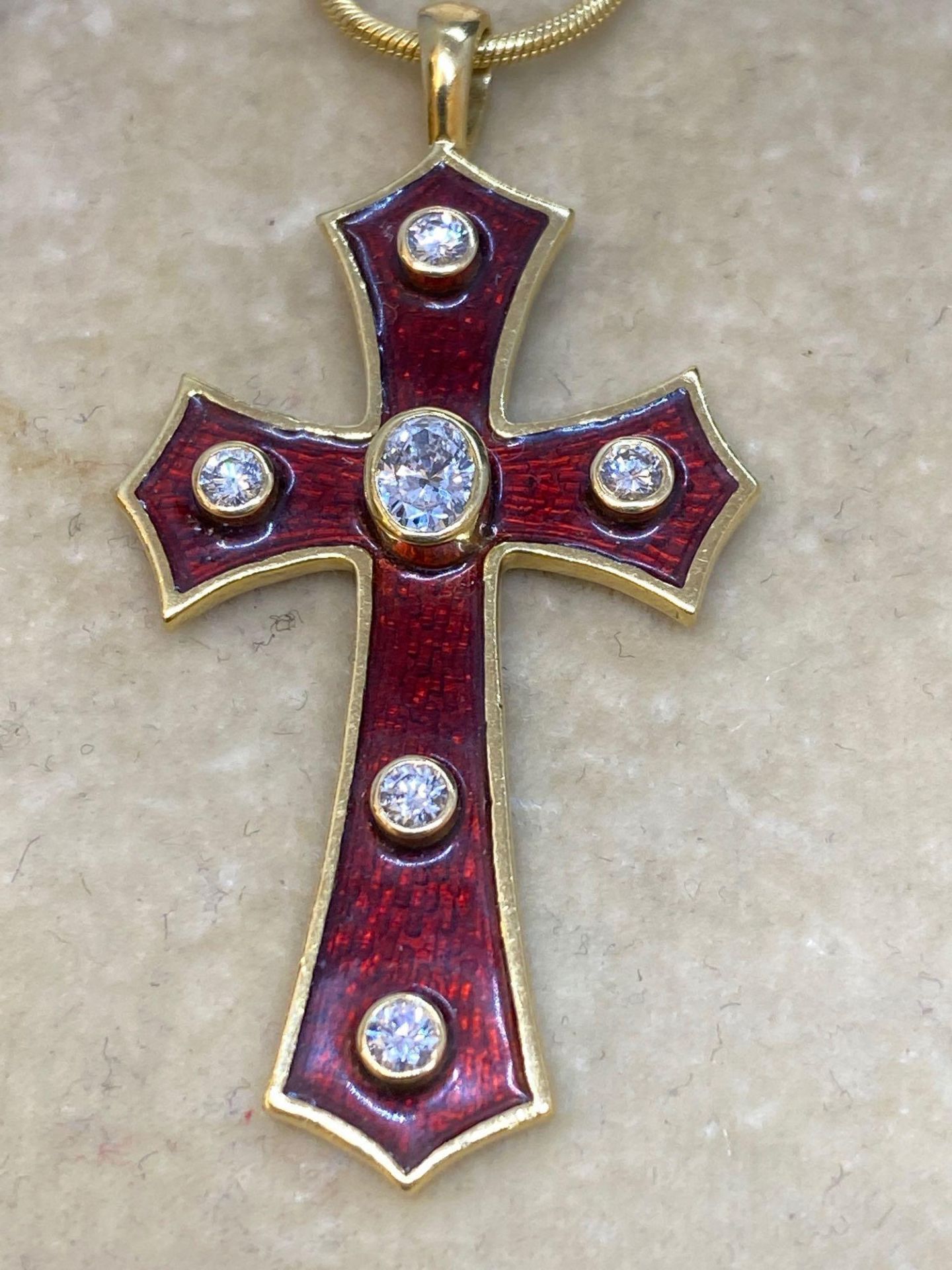 18ct Gold Diamond & Enamel Cross with 14ct Gold 22" Snake Chain - 17.3 Grams