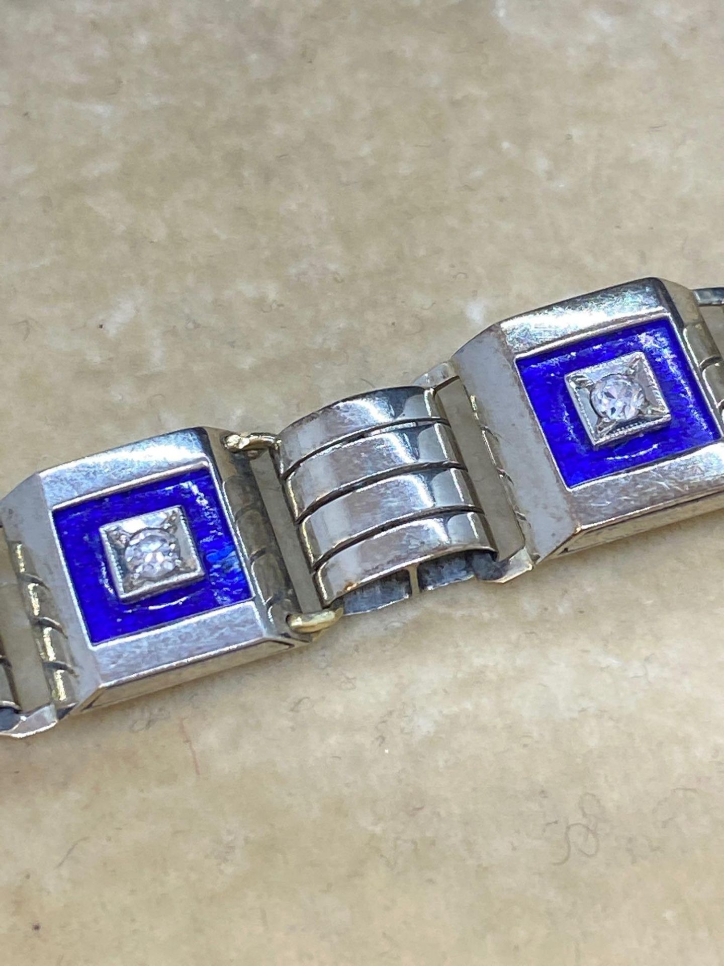 Vintage 18ct Gold Blue Enamel & Diamond set Bracelet - 30 Grams - Image 3 of 5