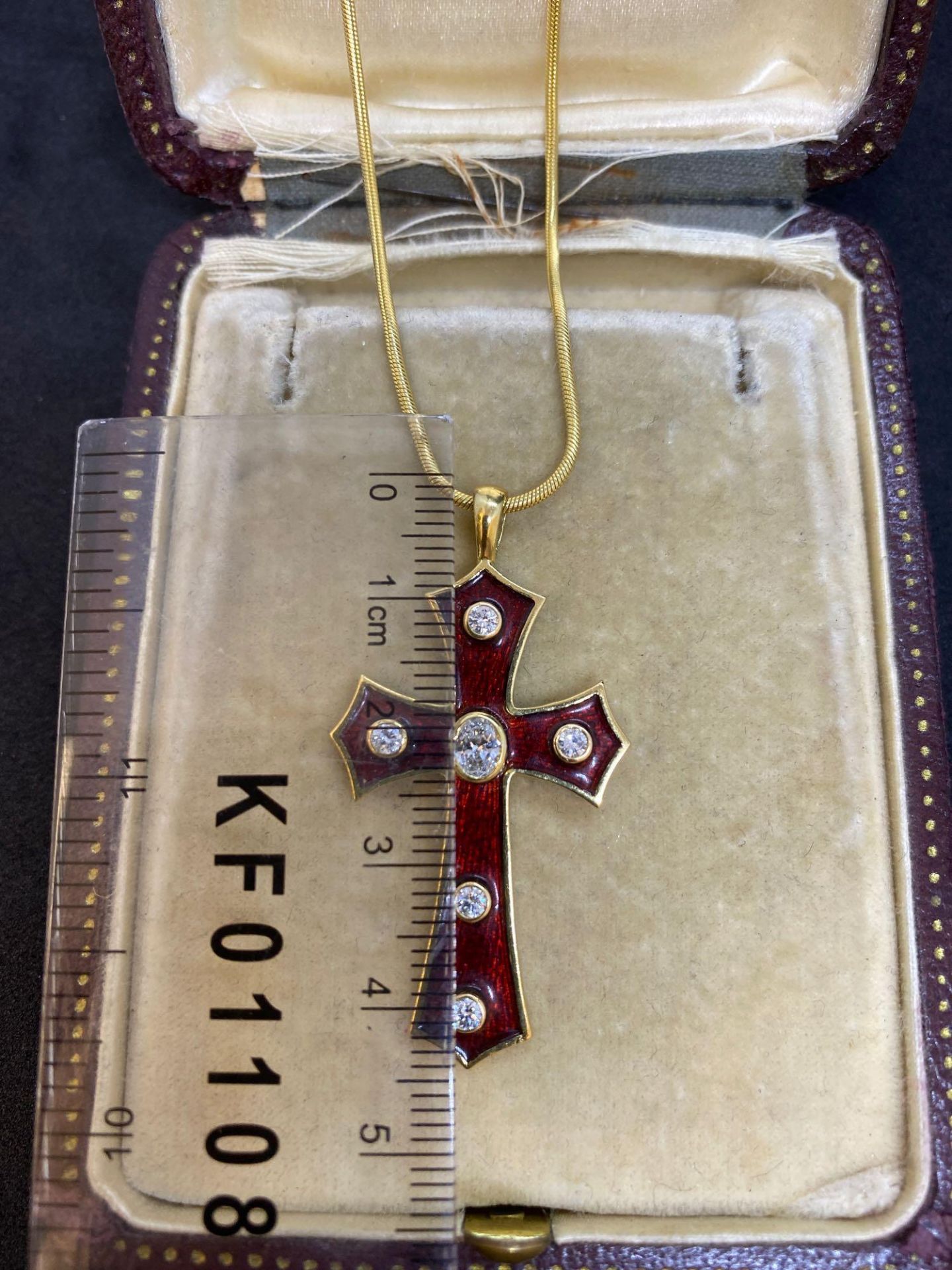 18ct Gold Diamond & Enamel Cross with 14ct Gold 22" Snake Chain - 17.3 Grams - Image 4 of 5