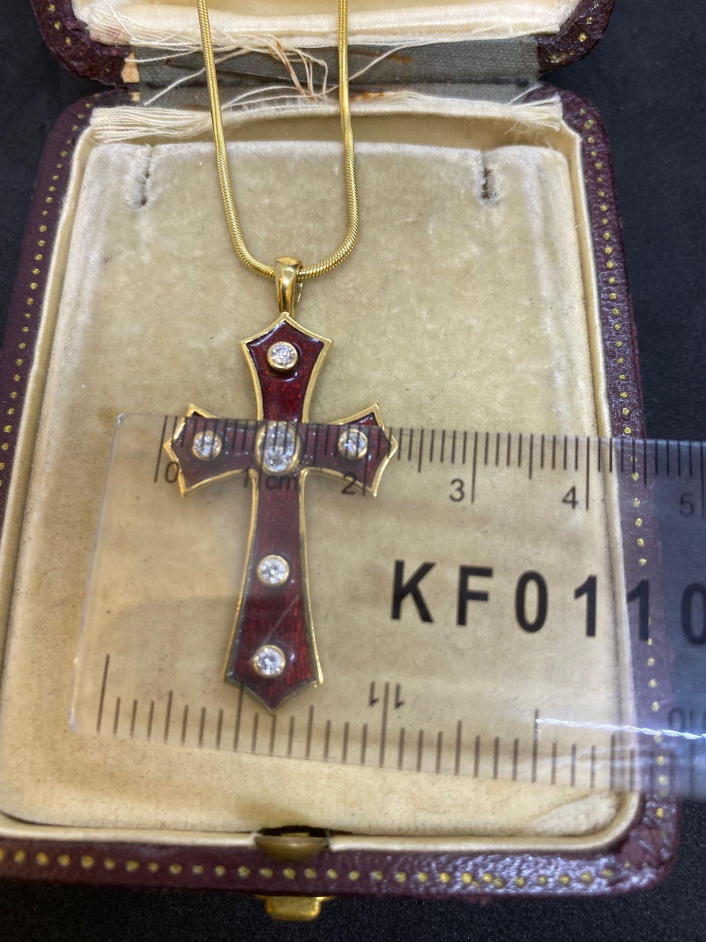 18ct Gold Diamond & Enamel Cross with 14ct Gold 22" Snake Chain - 17.3 Grams - Image 5 of 5