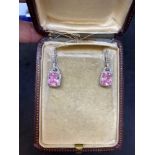 14ct White Gold 6.00ct Pink Topaz & 1.00ct Diamond Drop Earrings - 6 Grams