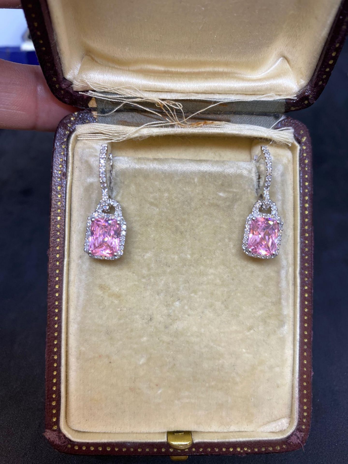 14ct White Gold 6.00ct Pink Topaz & 1.00ct Diamond Drop Earrings - 6 Grams