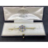 ANTIQUE 15ct GOLD SAPPHIRE & PEARL BROOCH IN OLD BOX INC