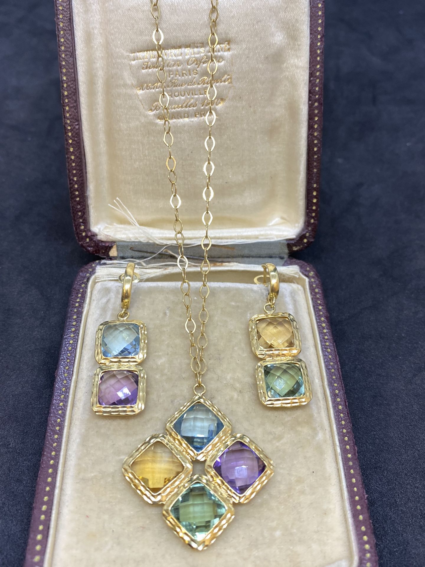 18ct GOLD BLUE TOPAZ, PERIDOT, CITRINE & AMETHYST NECKLACE & EARRING SET - Image 2 of 5