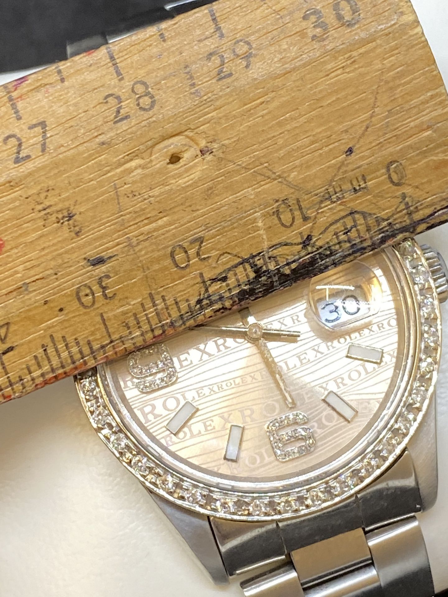 36mm STAINLESS STEEL ROLEX SET WITH AFTERMARKET DIAMONDS / DIAL - Image 7 of 8